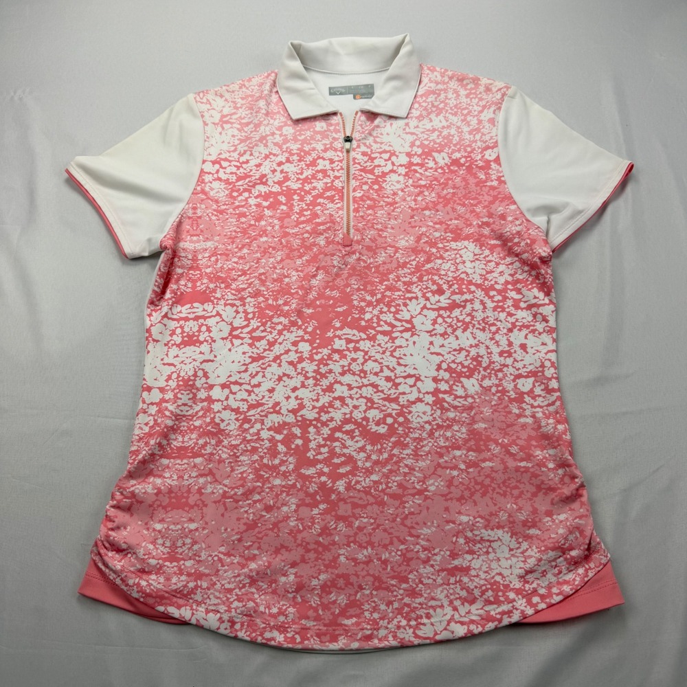 Callaway Golf Polo Women Small Pink White Floral Opti-Dri 1/4 Zip Short Sleeve